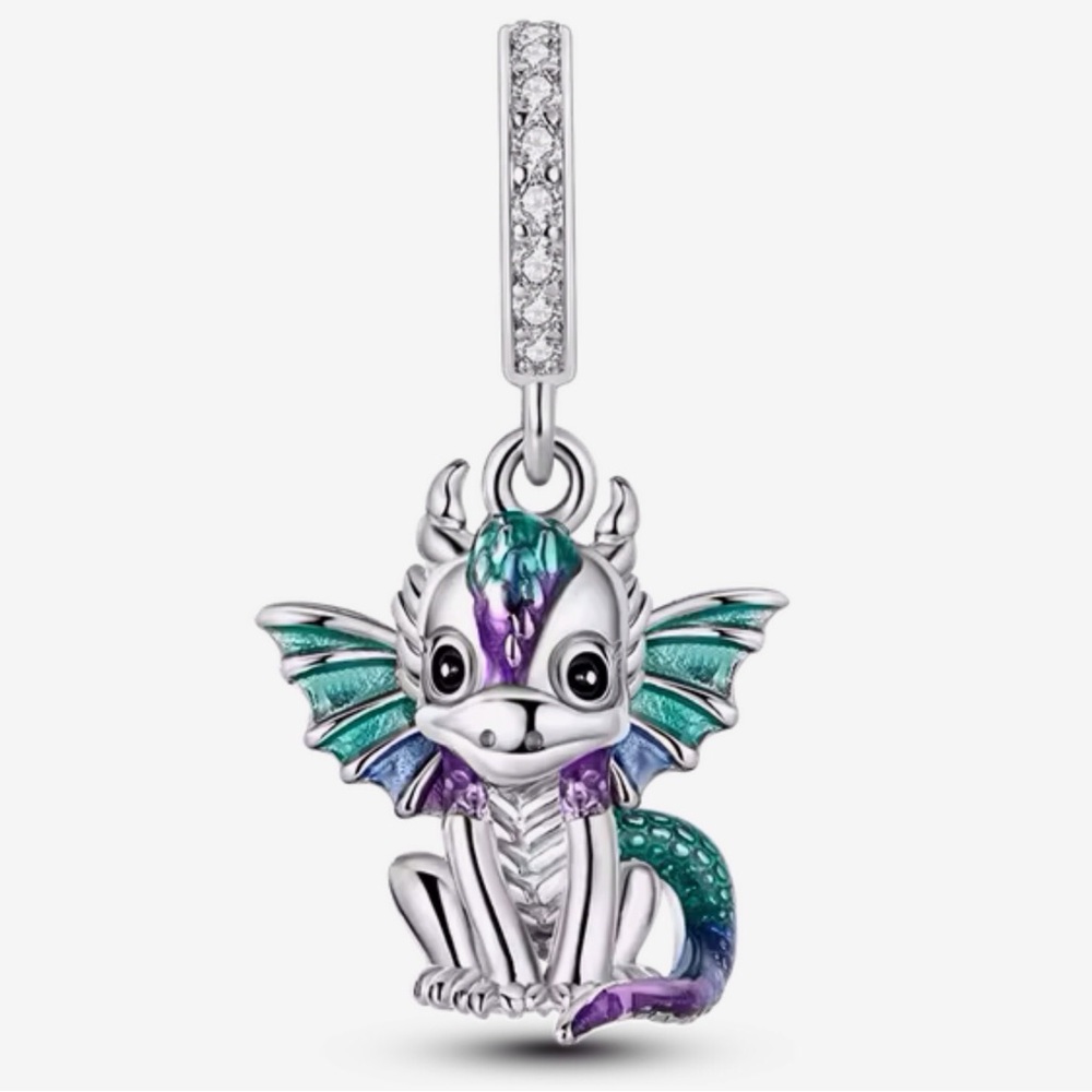 Bracelet Charm Dragon with Wings & Rhinestones Sterling Silver - Picture 2 of 9